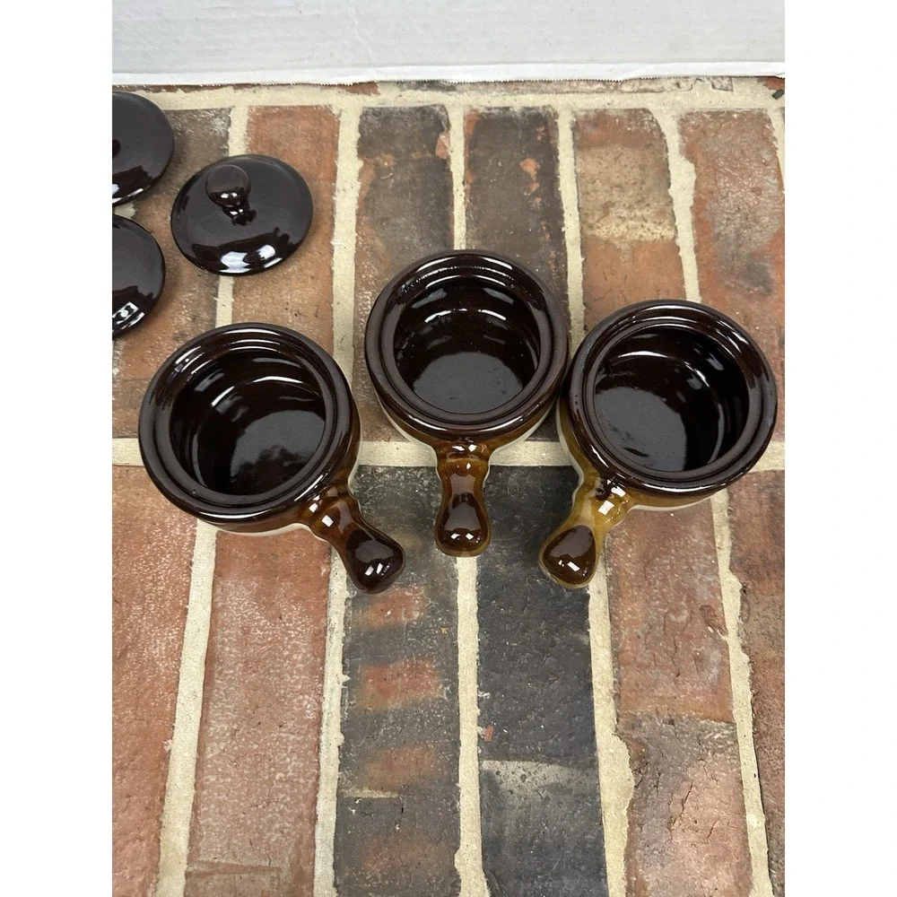 Vintage 70s Single Serve Soup Crock w Lids Set Of Three Glazed Stoneware Handles